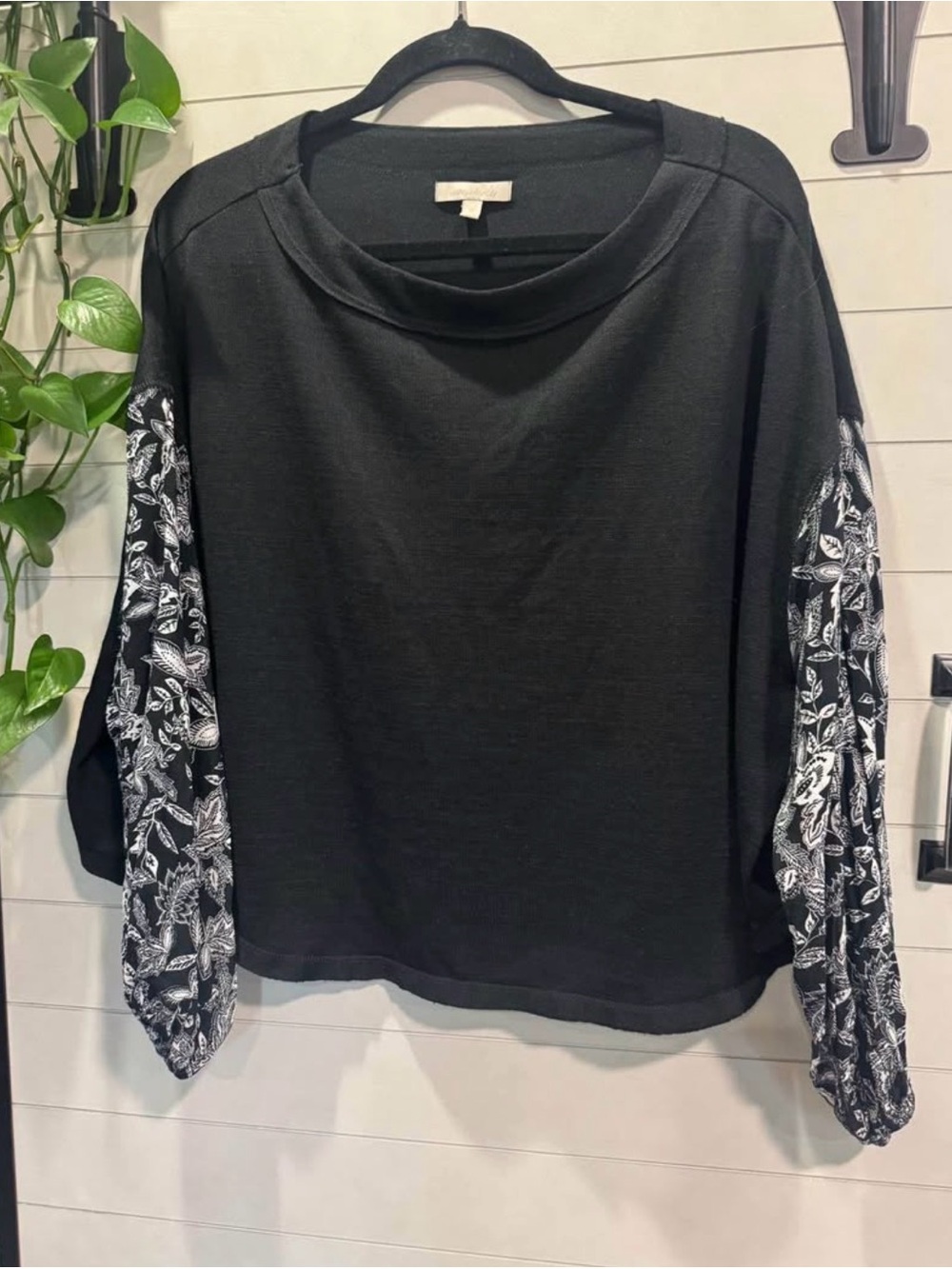 Wonderly Black Pullover with Printed Black & White Balloon Sleeves